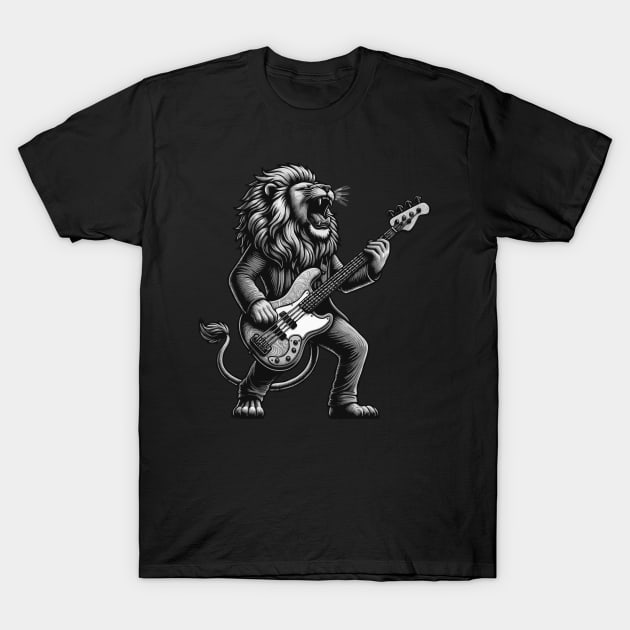 Lion Groove King: Roaring Bass [Gray Scale] T-Shirt by Blended Designs